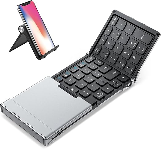 The balance stand detail ensures stability while typing.Foldable Keyboard with Number Pad, BK09 Wireless Portable Keyboard for Travel and Business Trip, USB-C Charging Compact Keyboard for iPad