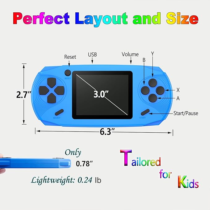 high-definition display, ensuring portability, while also taking into account the comfort of the games.Handheld Games for Kids Adults 3.0 in Large Screen Preloaded 100 HD Classic Retro Video Games