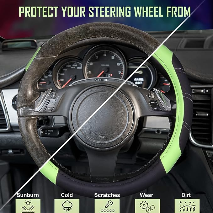Glows Lime Fluorescent Green, Steering Wheel Cover Universal Fits for 95% all cars, The Elastic Steering Wheel Cover Is Made Of Sturdy Neoprene, Environmentally Friendly, Durable And Non-Slip