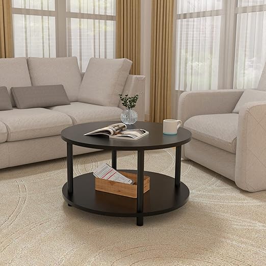 ,Sturdy Metal Legs, Easy to Assemble, Round Coffee Table for Living Room, 31.5’’ 2 Tier Black Wooden Coffee Table with Open Storage