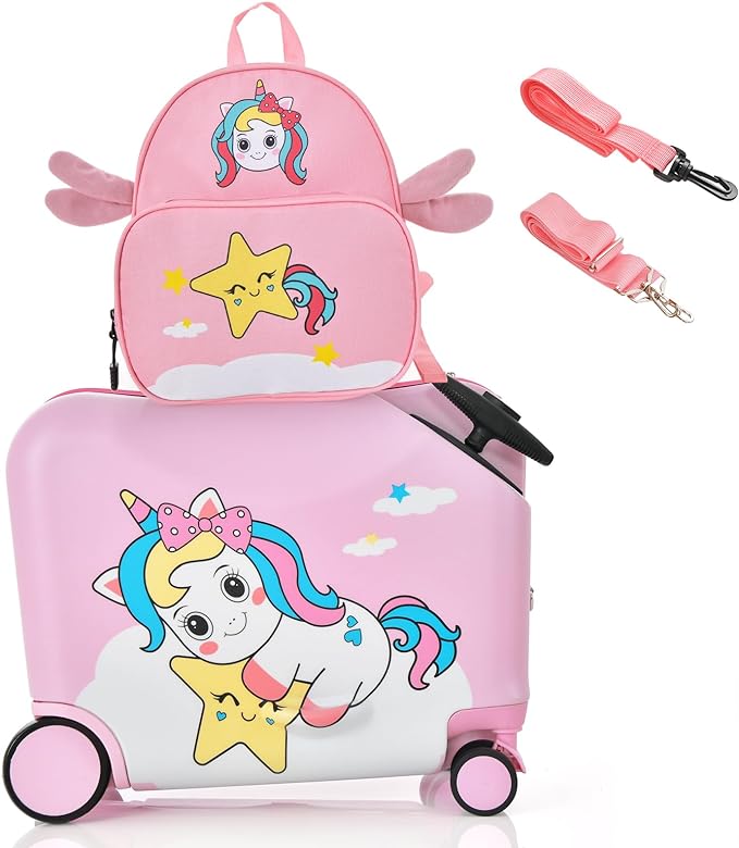 this carry on luggage also comes with an adjustable carrying strap, which is suitable for kids or adults of different sizes and shoulder widths.  Children Travel Backpack & 18” Hard Shell Carry-on Luggage, Anti-Lost Adjustable Strap, Airplane Approved