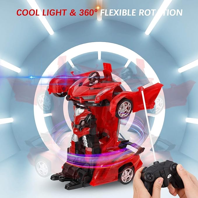 Robot, Car Toys, 360 Degree Rotating with One-Button Deformation with LED Light,
