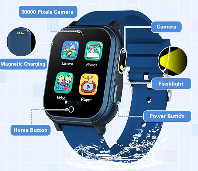 Kids watch built in rechargeable battery, the working time can last 7-14 days in standby mode, Kids can play continuously day and night,   HD Touchscreen Kids Watch with Dual Camera Video Music Player Pedometer Flashlight