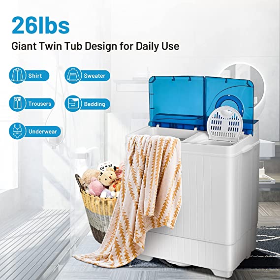 Twin Tub Washer with Spin Dryer, 26lbs Capacity, Built-in Drain Pump, Portable Laundry Washer