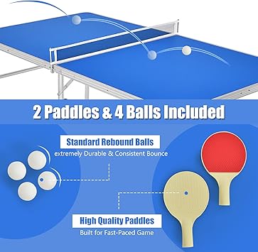 the solid metal frame and non-slip foot pads ensure a firm standing on the ground,  Folding Ping Pong Table Game Set with Net, 2 Table Tennis Paddles and Ping Pong Balls