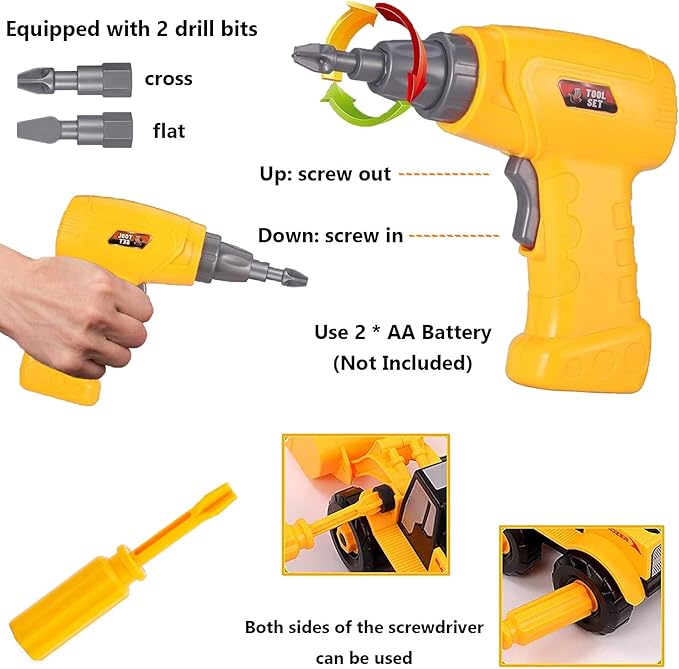 Easy to Build Your Vehicles: The detailed assembly instruction is included in the box. Truck Car Toys with Electric Drill, Construction Vehicles Building Excavator Toy STEM Trucks Vehicle Set for Kids,