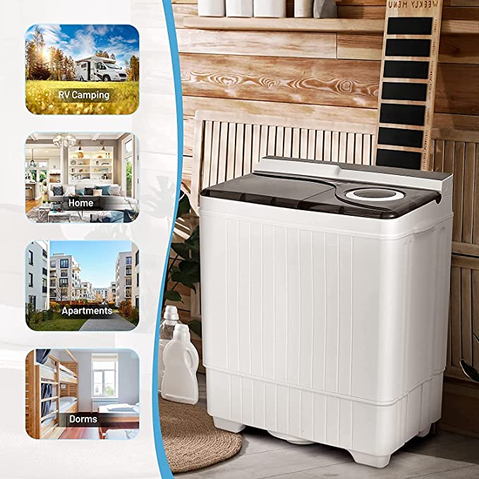 Washing Machine Semi-automatic, 28.5lbs Twin Tub Washer and Spin Dryer, Portable Laundry Washer with Built-in Drain Pump & Control Knobs, Semi-automatic Washing Machine for Apartment