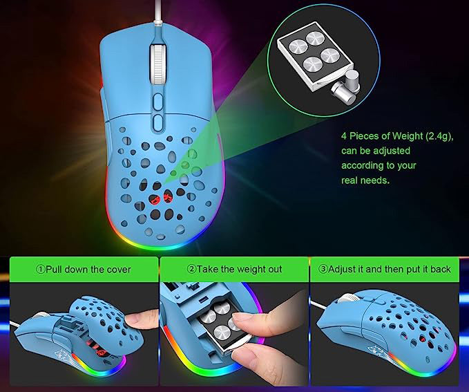 Honeycomb Shell,RGB LED Lightweight Smooth Glide PTFE Feet, Hyperflex USB Cable, 800 to 8000 DPI, Model D19 RGB