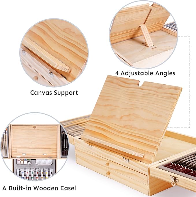 Supplies, Art Kit with Easel and Acrylic Pad, Art Set for Teens, Adults and Artist Beginners, Creative Gift Box with Wooden Case,