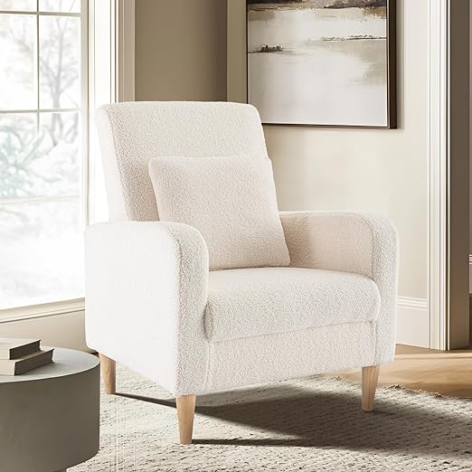 Single Sofa with Lounge Seat and Wood Legs, Modern Upholstered Accent Chair Armchair with Pillow, Boucle Reading Living Room Side Chair