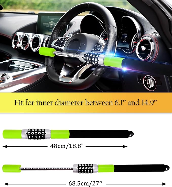 Steering Wheel Lock The Club Anti Theft Security Extendable Device Retractable Heavy Duty Guard Keyless Password 5 Coded Combination Antitheft Universal Fit for Vehicle Car Truck Van SUV Twin Hooks