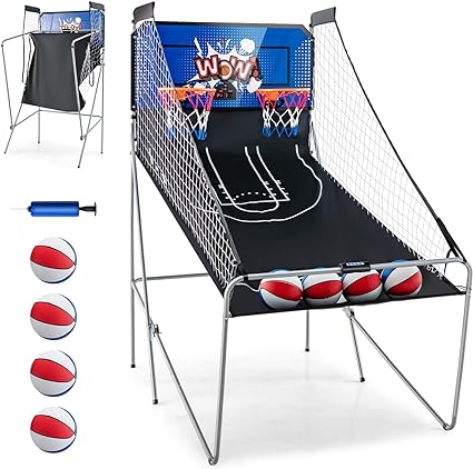 This folding dual shot basketball arcade game is the perfect addition to any game room, basement, or backyard.  Foldable Basketball Game w/ 8 Game Modes, Basketball Arcade Game for Home,