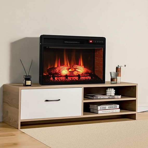 Overheat Protection, 1400W Fireplace Insert for TV Stand, Control your fireplace insert with ease using the LED screen and remote control.Fireplace Heater w/ 4 Adjustable Brightness, Remote & 6H Timer,