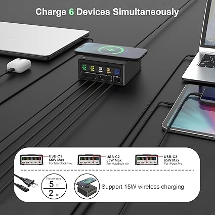 thickened and non-slip design protects the charging device,accurately matches your device even in dark environments, 160W USB C GaN Charger,Ubigbuy 65W 5-Ports PD 3.0 USB C Fast Charging Station,Desktop Wireless USB C Power Adapter Hub with Display