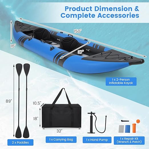 3 independent air chambers make inflation and deflation and easier and faster.2 Padded Seats, Footrests, 2 Fins, Hand Pump, Carry Bag & Repair Kit