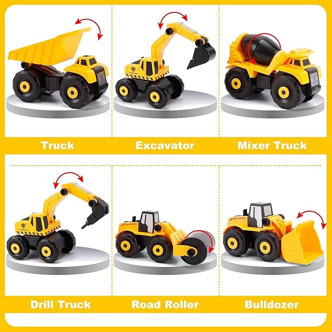 Easy to Build Your Vehicles: The detailed assembly instruction is included in the box. Truck Car Toys with Electric Drill, Construction Vehicles Building Excavator Toy STEM Trucks Vehicle Set for Kids,