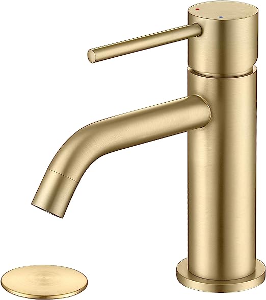 Brushed Gold Bathroom Faucet, Single Handle Gold Faucet for Bathroom Sink, Vanity Sink Faucet Bathroom , Pop Up Drain and Water Supply Hose Included