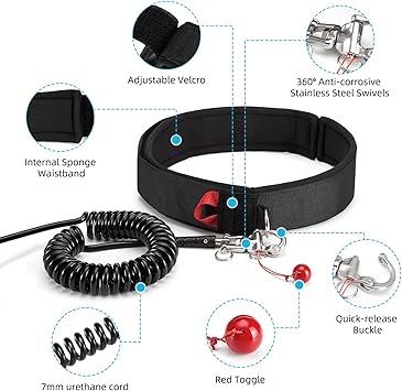 Leash Waist Belt, Adjustable Quick Release Waist Leash 1250 * 60mm with 10ft Coiled Surfing Leash