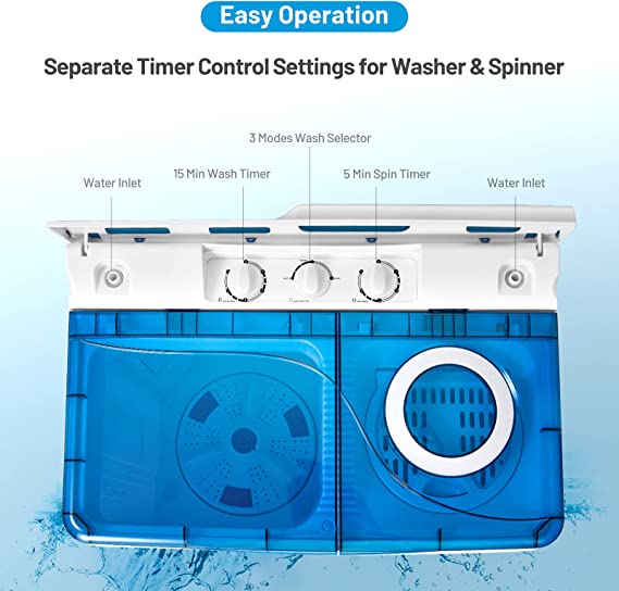 Twin Tub Washer with Spin Dryer, 26lbs Capacity, Built-in Drain Pump, Portable Laundry Washer