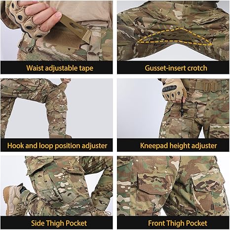 50% cotto and 50% polyester with a 4-way stretch-woven accents ripstop clothing, Knee Pads Multi-camo Black Pants for Men Airsoft Outdoor Camo  Trousers