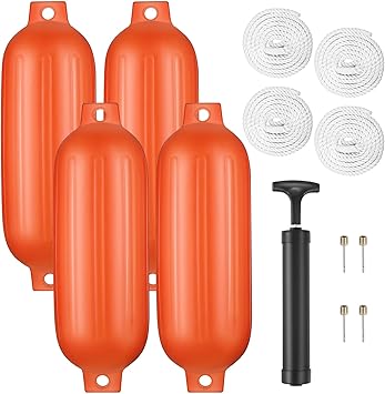 Boat Bumpers Pack of 4 with Lines and Pump to Inflate for Docking,  designed with reinforced eyelets on both ends. It could be instantly hanged with lines either horizontally or vertically
