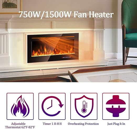 This electric fireplace provides 9 flame color options and 5 flame brightness from dim ember light to bright light.750W/1500W Wall Recessed and Mounted Fireplace Insert with Remote Control
