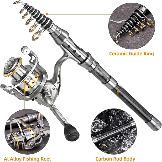 2.4m/7.87FT design makes the rod easy to store and carry. Ideal fishing set for fishing enthusiasts.  Fishing Rod Carbon Fiber Spinning Reels Fishing Set with Hooks