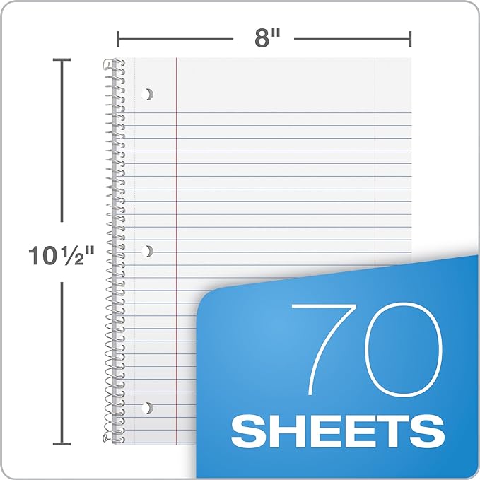 Each notebook contains 70 sheets of wide-ruled, double-sided paper that resists ink smearing and bleed-through,  Notebooks, Spiral Notebook 6 Pack, 1 Subject, Wide Ruled Paper, 8