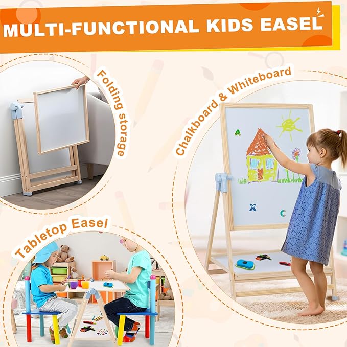 There is no doubt that even if your child grows up, he can always use it. when the drawing easel is rotated to be flat,Kids Easel Double Sided Wooden Easel Standing, 4 in 1 White Board & Magnetic Drawing Board & Tabletop Easel,