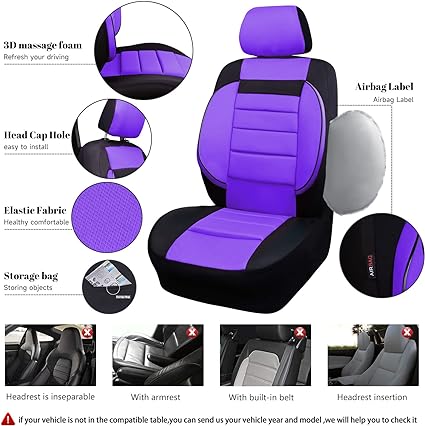 2 front seats covers,2 backrest covers,2 Separate headrest covers.EASY TO MAINTAIN AND CLEAN. 100% WASHABLE AND BREATHABLE, Two Front Car Seat Covers,for Automotive SUV,Van,saden,Trucks Airbag Compatible Black and Purple