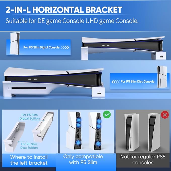 short press the button to switch the fan between low,medium,high and off. In addition, Horizontal Stand & Cooling Fan for PS5 Slim Digital/Disc, Controller Charger Station with 4 USB Hub, Separate Silent 3 High-Speed Fan with USB 3.0 Port