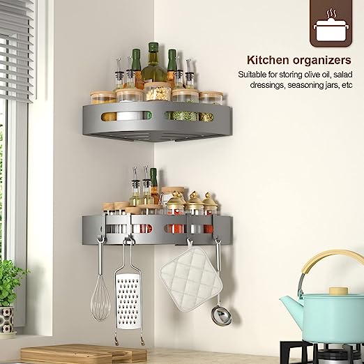 2Pcs Shower Caddy Corner, No Drilling Bathroom Shower Shelf Shower Organizer Adhesive for Bathroom Accessories, Stainless Steel Rustproof Shower Rack Rangement Douche with Hook