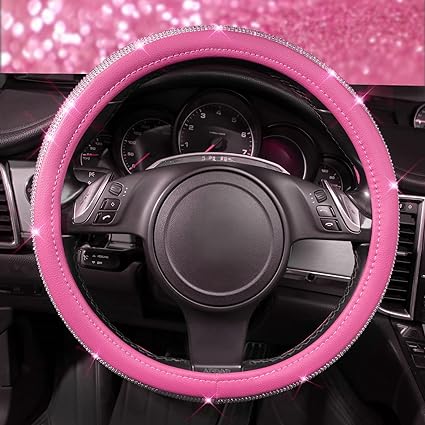 mullticolor Crystal Steering Wheel Cover made of durable microfiber leather and pink diamond,  Pink Leather Steering Wheel Cover, with Bling Crystal Rhinestones Universal Fit 14