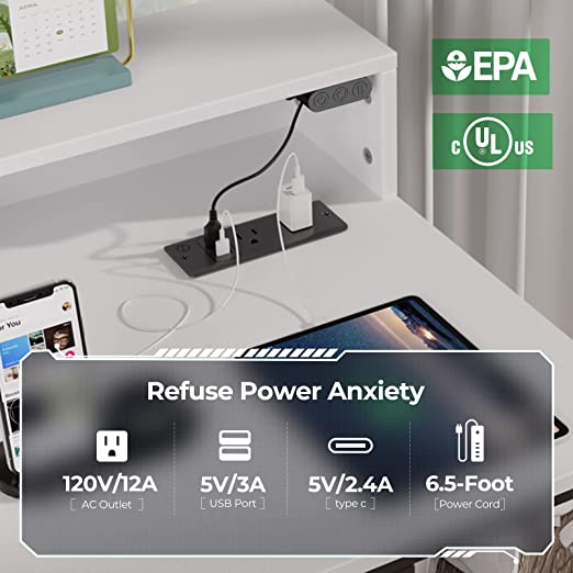 LED Lights Desk with Storage Shelf, Power Outlets, Height Adjustable Electric