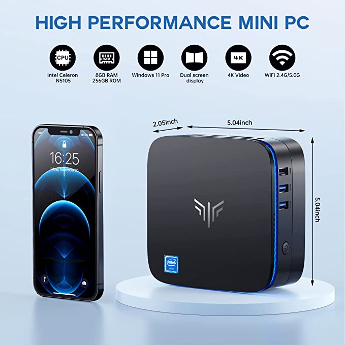 Mini PC with Windows 11 Pro, Intel Celeron N5105(up to 2.9GHz) Mini Desktop Computers, 8GB RAM/256GB M.2 SSD Micro Computer Support 4K UHD, 2.4G/5.0G Wi-Fi, LAN for Business Home Education