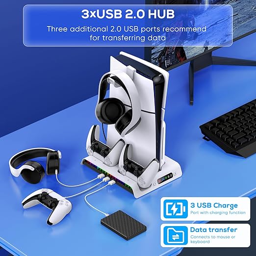stand for PS5 sense/edge controller, headset holder. Equip with stay organized, cooler, , Stand for PS5 Slim Disc/Digital Edition with Controller Charging Station, Vertical Stand for PlayStation 5 Slim