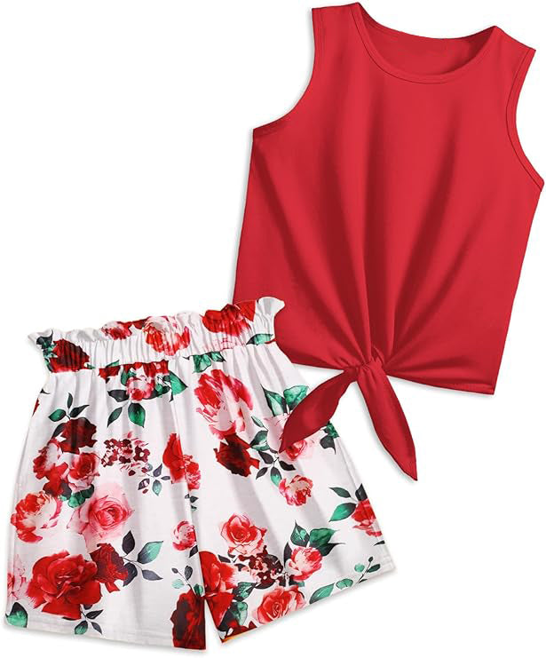 Fashional Tie knot sleeveless crop top and elastic paperbag waist shorts with striped, floral and irregular pattern, 2 Piece Outfits Tie Knot Tank Top and Paperbag Waist Pocketed Summer Short Sets