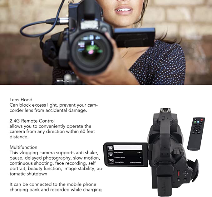 4K Video Camera, Camcorder 48MP HD WiFi Touch Screen Vlogging Camera, 18X Digital Zoom with Microphone Stabilizer Lens Hood Remote