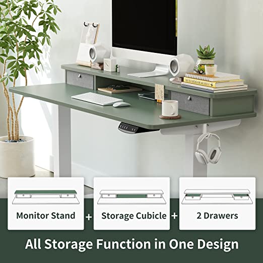 Desk with Double Drawer,Height Adjustable Electric Standing,55 x 24 Inch Stand Up,Splice Board
