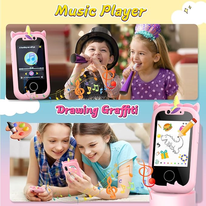 Toy phone features front and rear cameras with 13 cute cartoon frames,8.0 Megapixels, and 1080P Video capabilities,  Kids Phone, Anesky Toddler Phone Toys for Girls Boys Aged 3 4 5 6 7 8 9 10 11 12 Year Old, Kids Fake Play Phone with Camera,