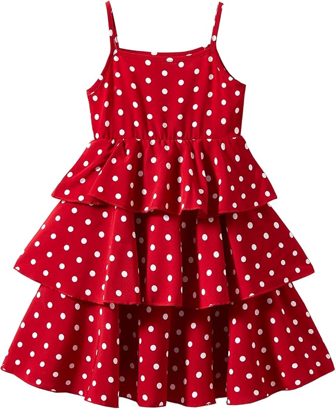 summer dress is knee long and trendy in style, with a refreshing spaghetti straps connected to a three-layer skirt Girls Vintage Polka Dots Spaghetti Strap Tiered Dress