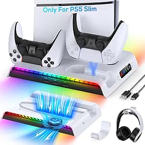 stand for PS5 sense/edge controller, headset holder. Equip with stay organized, cooler, , Stand for PS5 Slim Disc/Digital Edition with Controller Charging Station, Vertical Stand for PlayStation 5 Slim