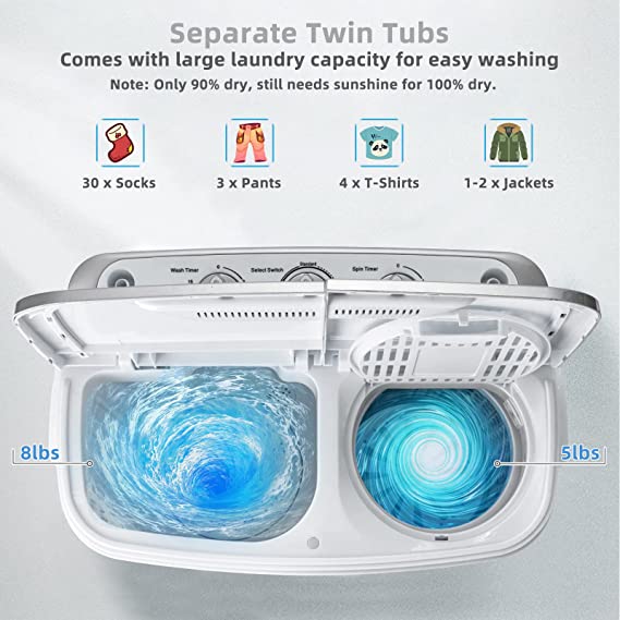 Portable Washing Machine, 13lbs Mini Twin Tub, 8Lbs Washer & 5Lbs Spinner, Compact Laundry Washer Combo