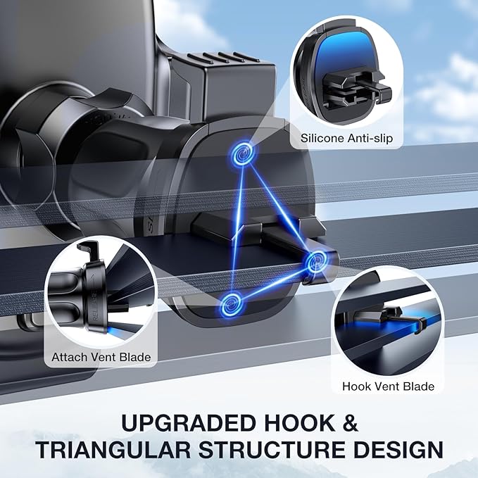 The material of vent clip hook was upgraded to metal; enhanced its structure so this car phone holder can compatible with most cars firmly, Phone Holder for Car Air Vent