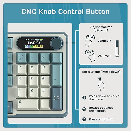 connection modes, backlit brightness/speed, RGB modes/colors with a simple twist or click of the knob.Top Mount 96% Wireless Mechanical Keyboard BT/2.4G/USB-C, Hot Swappable, Software Support, Massive Battery, 98 Keys