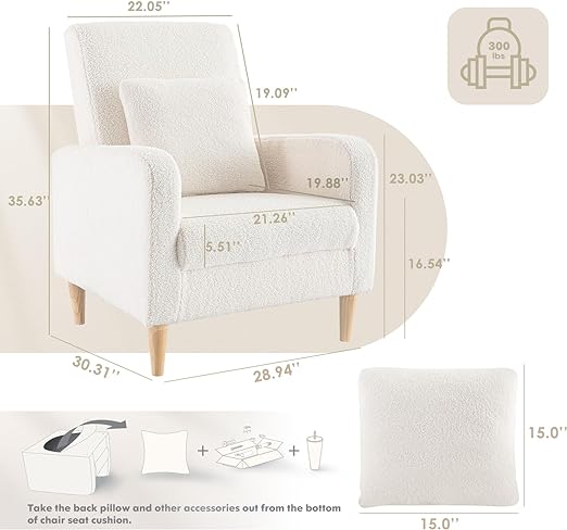 Single Sofa with Lounge Seat and Wood Legs, Modern Upholstered Accent Chair Armchair with Pillow, Boucle Reading Living Room Side Chair
