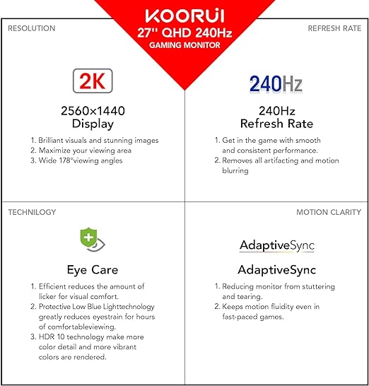The monitor achieves what many VA panels can't: With 100% sRGB and a 3000:1 DCR, along with DCI-P3 90% wide color gamut,  27 inch WQHD 2560 x 1440 PC Computer Monitor, Up to 240Hz Refresh, 1ms, Adaptive Sync, HDR10, DCI-P3 90%
