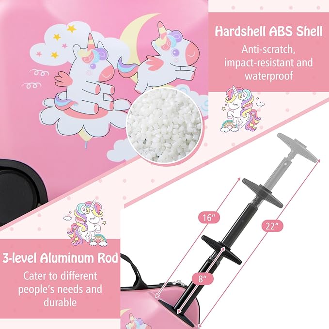 Kids can also pull to move the suitcase, which is easy to move around while saving labor.Hard Shell Carry-on Luggage, Anti-Lost Adjustable Strap, Airplane Approved,