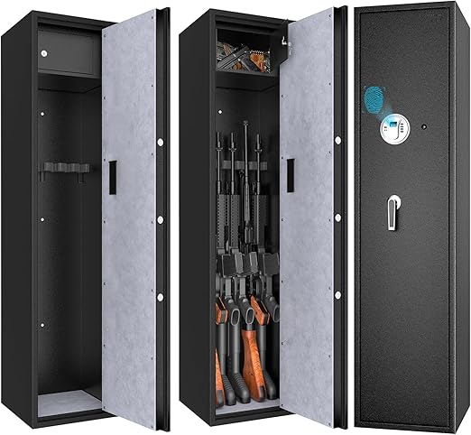 The gun safe can accommodate up to five rifles measuring up to 49 inches in length, with an internal space of 50 inches in height,  Gun Cabinet w/Removable Shelf & Lockable Top Box, Heavy Duty Long Gun Storage Safes
