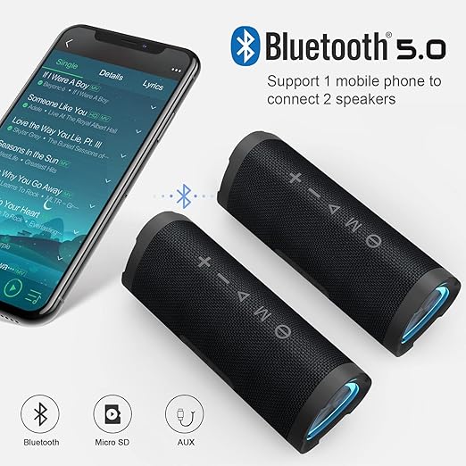 The portable speaker boasts IPX7 waterproof rating,providing robust protection against water damage, Wireless Speaker with 24W Loud Stereo Sound&Up to 24H Playtime,TWS,RGB Multi-Colors Rhythm Lights, Wireless Speaker for Home,Party,Travel-Black